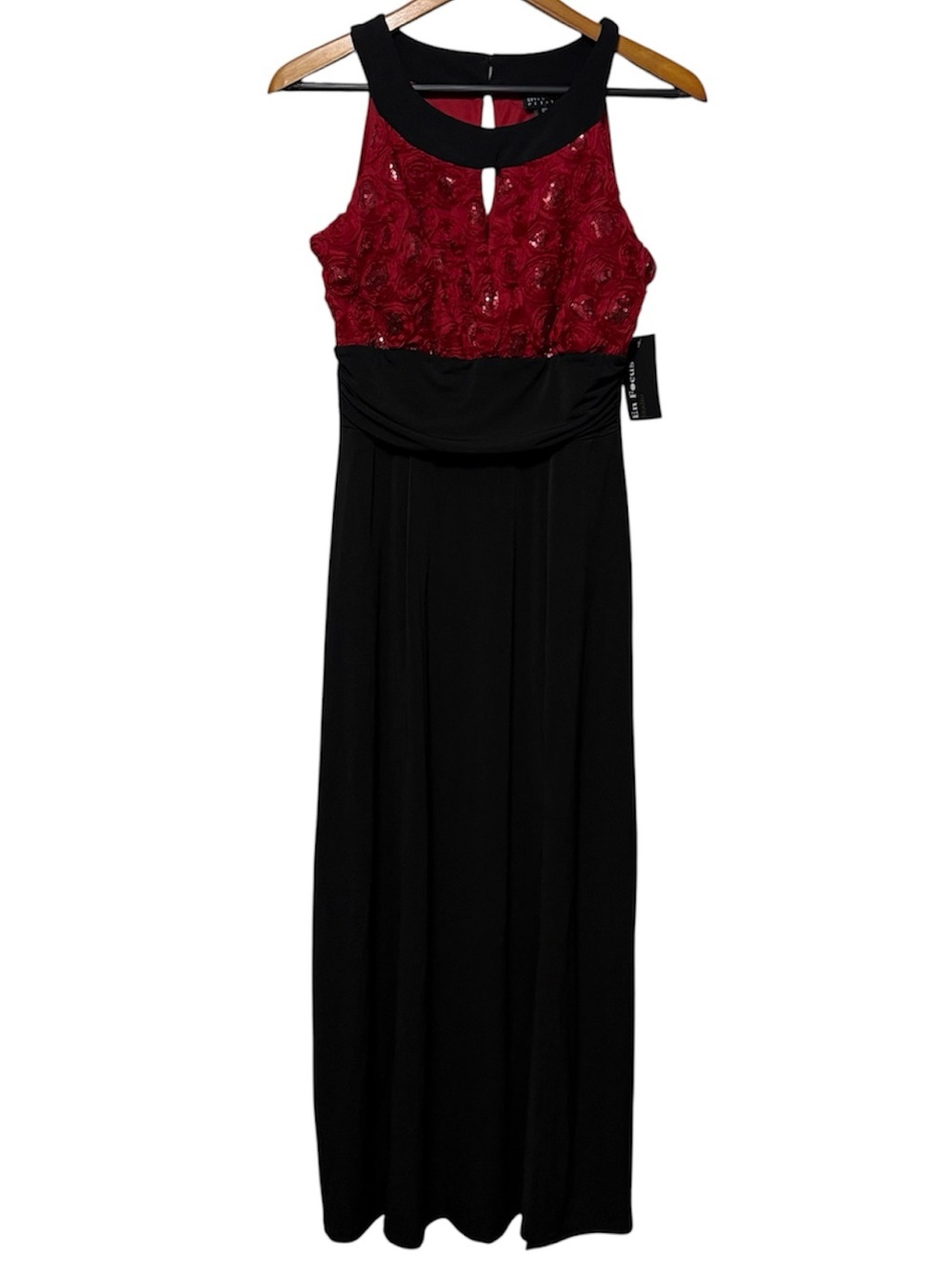 En Focus Studio Maxi Dress Womenโs 6P Dark Romantic Sequin Rosettes Evening NWT